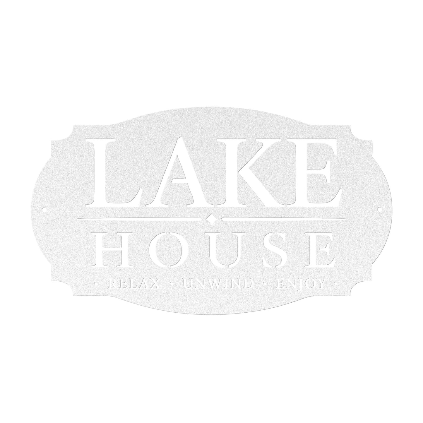 Lake House Metal Sign, Relax Unwind Enjoy Wall Decor, Waterfront Cabin Plaque, Rustic Cottage Gift, Outdoor Porch Entryway Lodge Accent