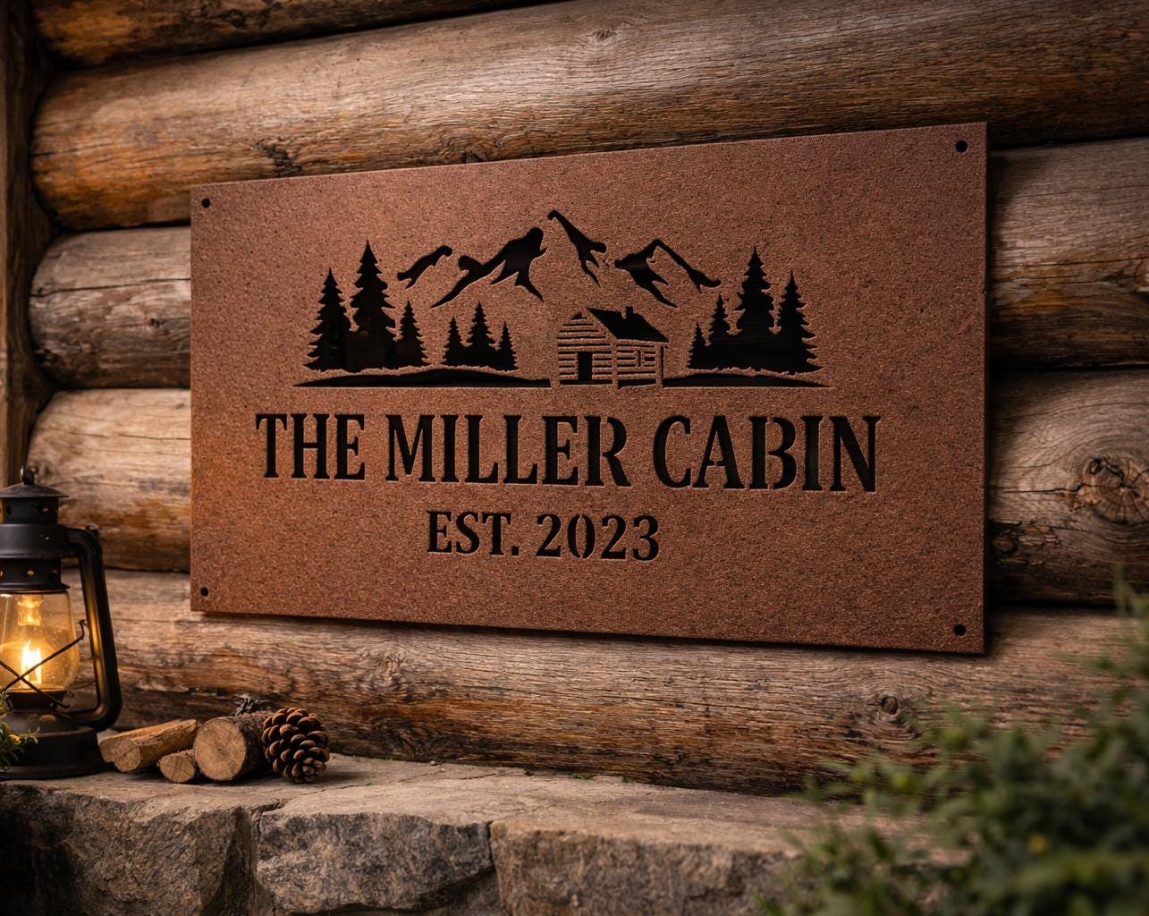 Personalized Metal Cabin Sign, Mountain Cabin Wall Art, Die Cut Rustic Decor (customizable)