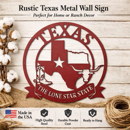 Texas Die Cut Metal Sign – Lone Star State Steel Wall Art – Rustic Western Ranch Decor – Texas Longhorn & Cowboy Boot