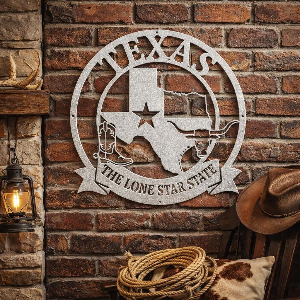 Texas Die Cut Metal Sign – Lone Star State Steel Wall Art – Rustic Western Ranch Decor – Texas Longhorn & Cowboy Boot