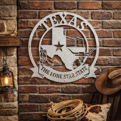Texas Die Cut Metal Sign – Lone Star State Steel Wall Art – Rustic Western Ranch Decor – Texas Longhorn & Cowboy Boot