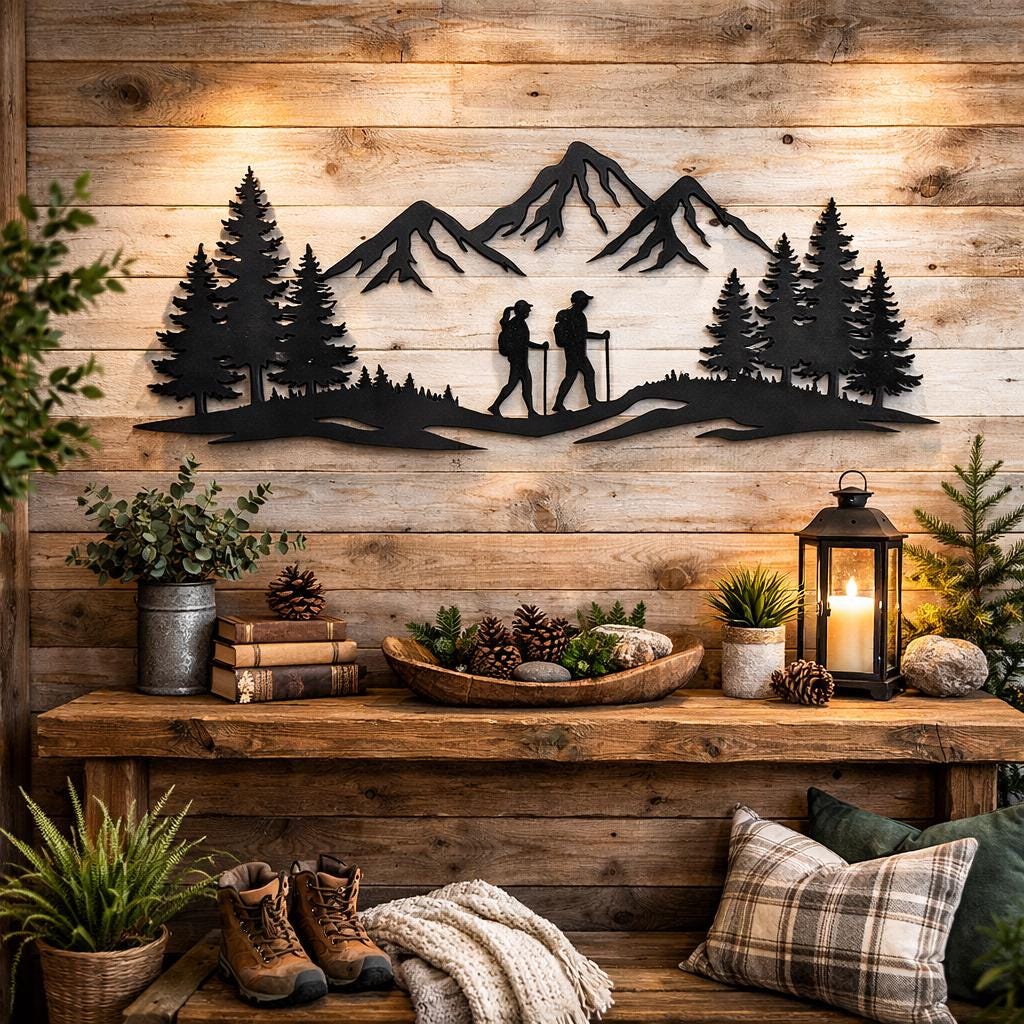 Couple Wall Art – Hiking Couple Metal Wall Decor, Mountain Adventure Sign, Rustic Cabin Wall Art, Gift for Couple