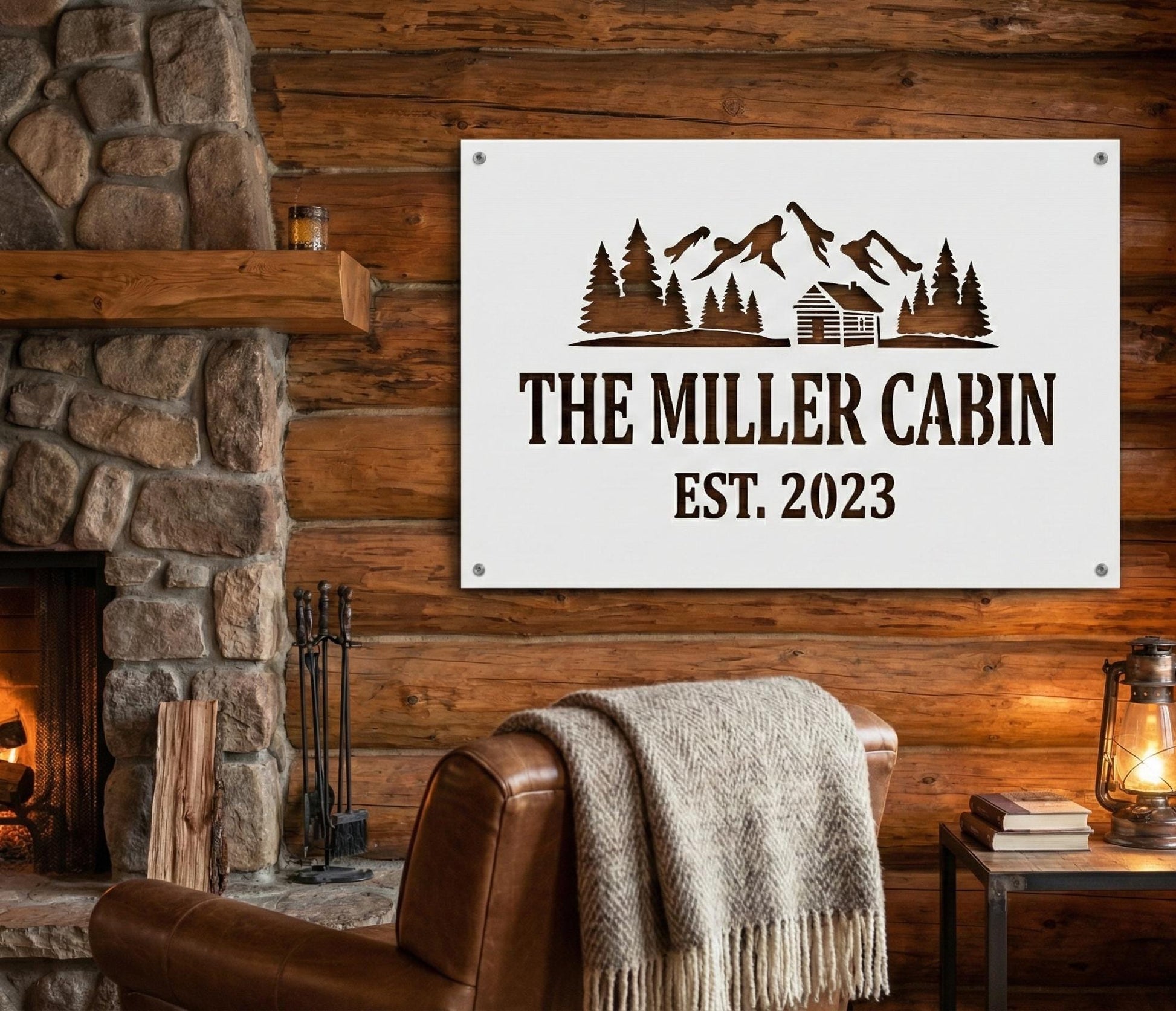 Personalized Metal Cabin Sign, Mountain Cabin Wall Art, Die Cut Rustic Decor (customizable)