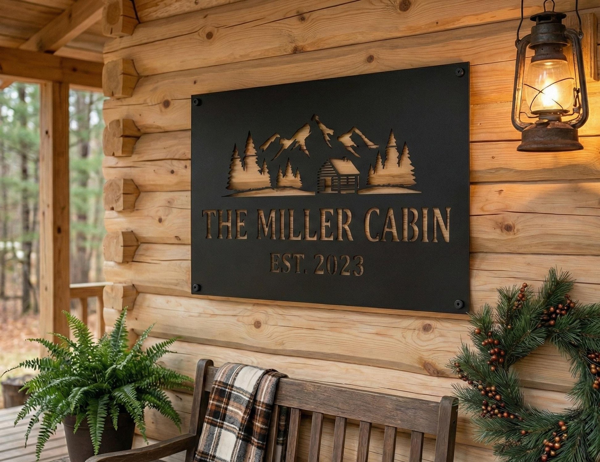 Personalized Metal Cabin Sign, Mountain Cabin Wall Art, Die Cut Rustic Decor (customizable)