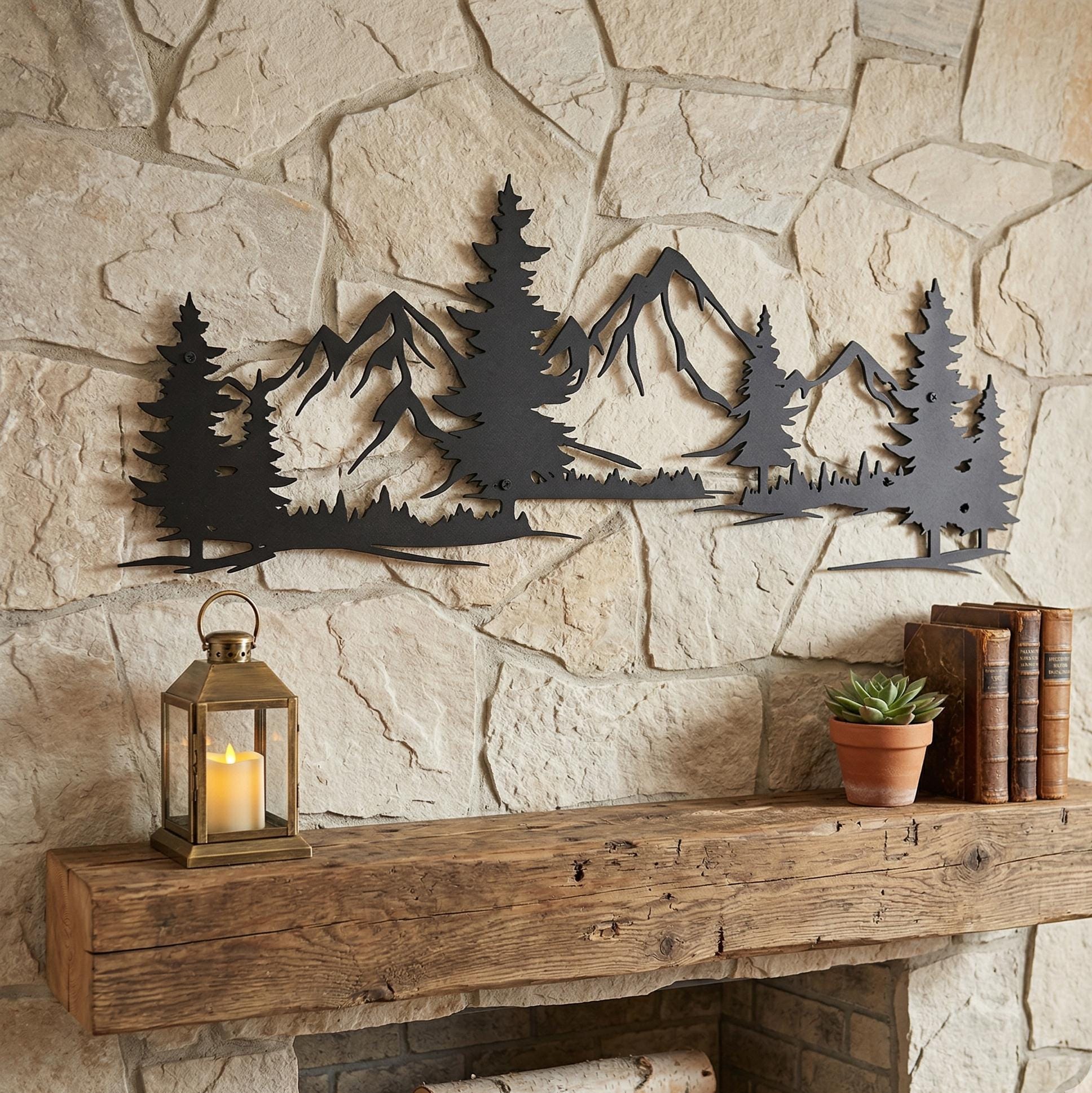 Mountain Wall Art, Rustic Metal Mountain Scene, Cabin Decor, Wilderness Wall Hanging, Forest Landscape Metal Sign, Nature Home Decor