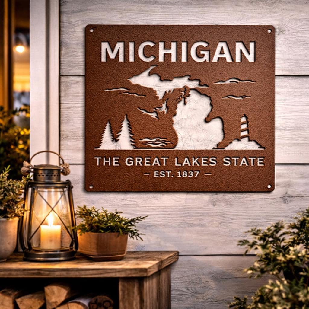Michigan Metal Wall Art – Rustic Great Lakes State Sign, Michigan Wall Decor, Cabin Metal Wall Art, Lake House Decor, Michigan Home Sign