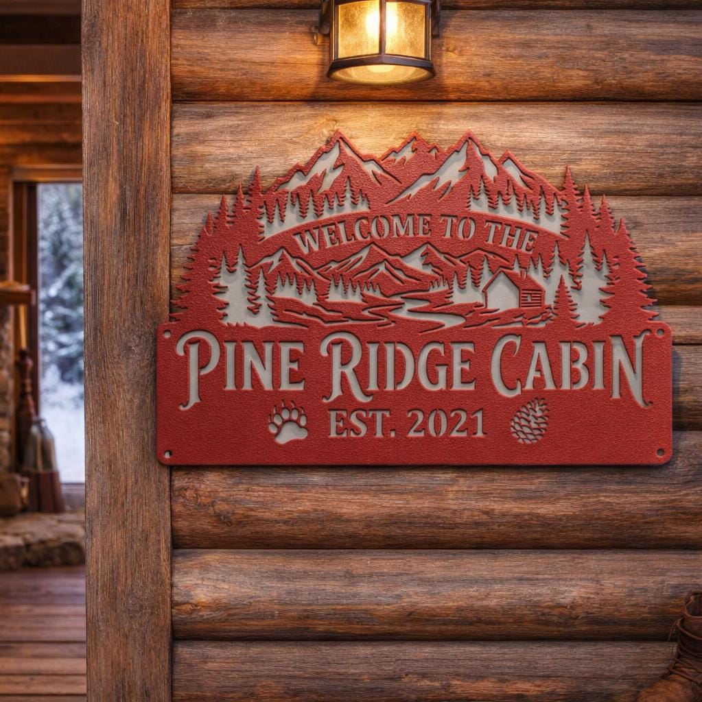 Personalized Sign for Family Cabin, Custom Metal Cabin Sign, Rustic Cabin Name Sign, Lake House Decor, Mountain Cabin Wall Art