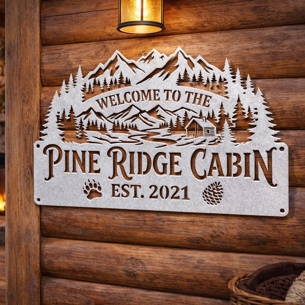 Personalized Sign for Family Cabin, Custom Metal Cabin Sign, Rustic Cabin Name Sign, Lake House Decor, Mountain Cabin Wall Art