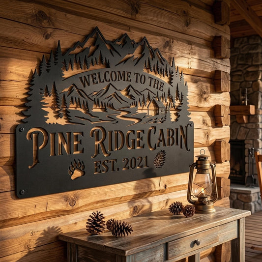 Personalized Sign for Family Cabin, Custom Metal Cabin Sign, Rustic Cabin Name Sign, Lake House Decor, Mountain Cabin Wall Art