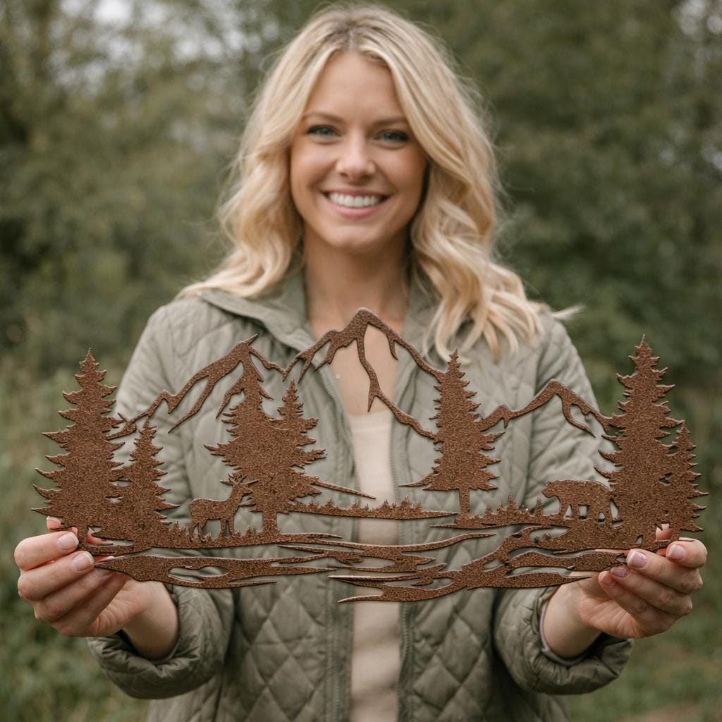 Mountain Wall Art, Rustic Metal Mountain Scene, Cabin Decor, Wilderness Wall Hanging, Forest Landscape Metal Sign, Nature Home Decor
