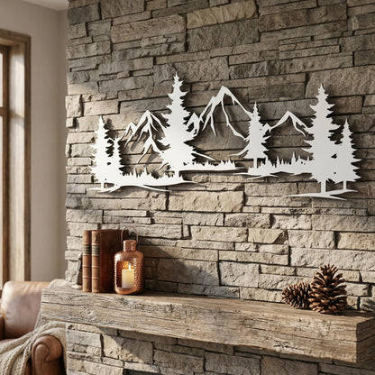 Mountain Wall Art, Rustic Metal Mountain Scene, Cabin Decor, Wilderness Wall Hanging, Forest Landscape Metal Sign, Nature Home Decor