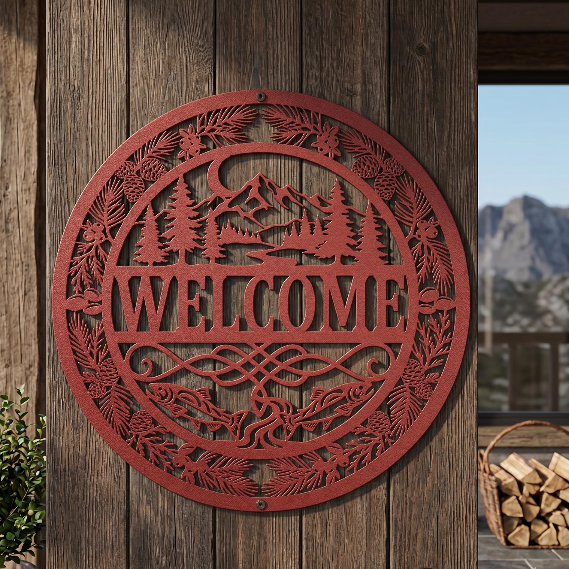 Cabin Welcome Sign Metal Wall Art, Rustic Welcome Sign, Lake House Decor, Mountain Wall Art, Fishing Decor, Outdoor Welcome Sign