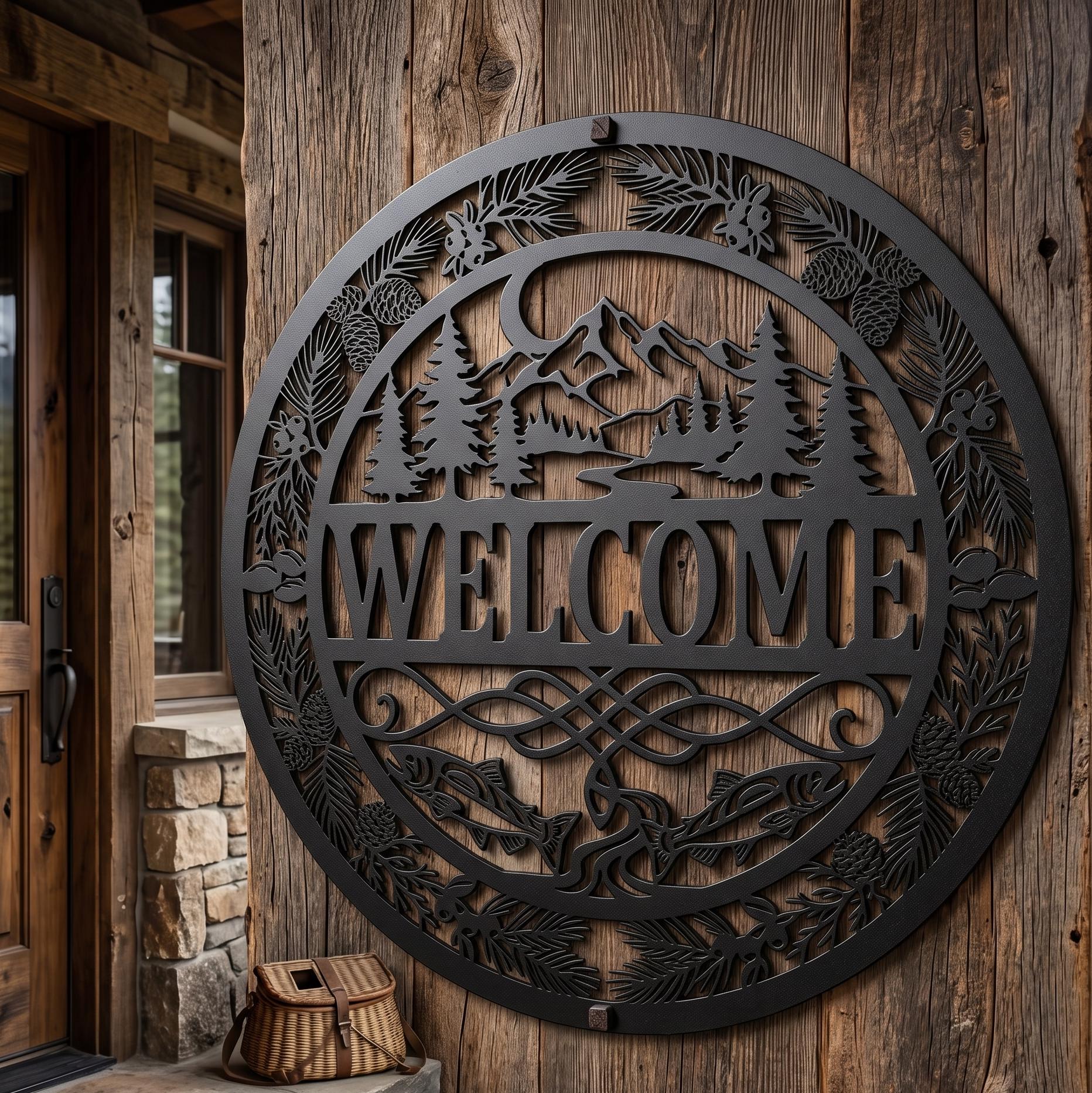 Cabin Welcome Sign Metal Wall Art, Rustic Welcome Sign, Lake House Decor, Mountain Wall Art, Fishing Decor, Outdoor Welcome Sign