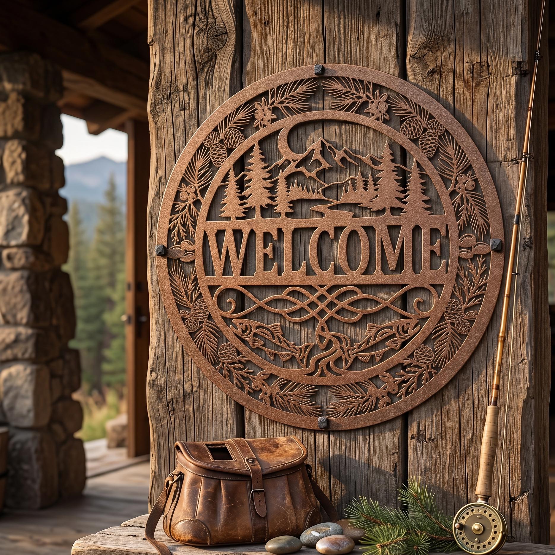 Cabin Welcome Sign Metal Wall Art, Rustic Welcome Sign, Lake House Decor, Mountain Wall Art, Fishing Decor, Outdoor Welcome Sign