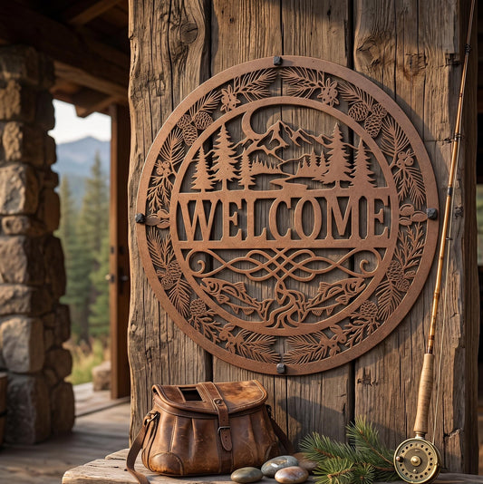 Cabin Welcome Sign Metal Wall Art, Rustic Welcome Sign, Lake House Decor, Mountain Wall Art, Fishing Decor, Outdoor Welcome Sign