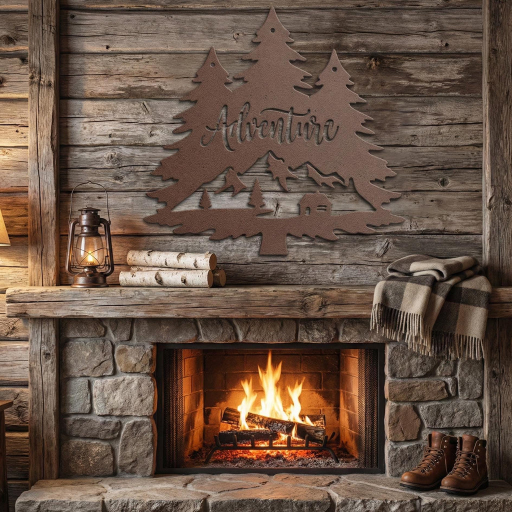 Adventure Metal Wall Sign | Mountain Cabin Decor | Rustic Lodge Welcome Sign | Outdoor Cabin Metal Wall Art