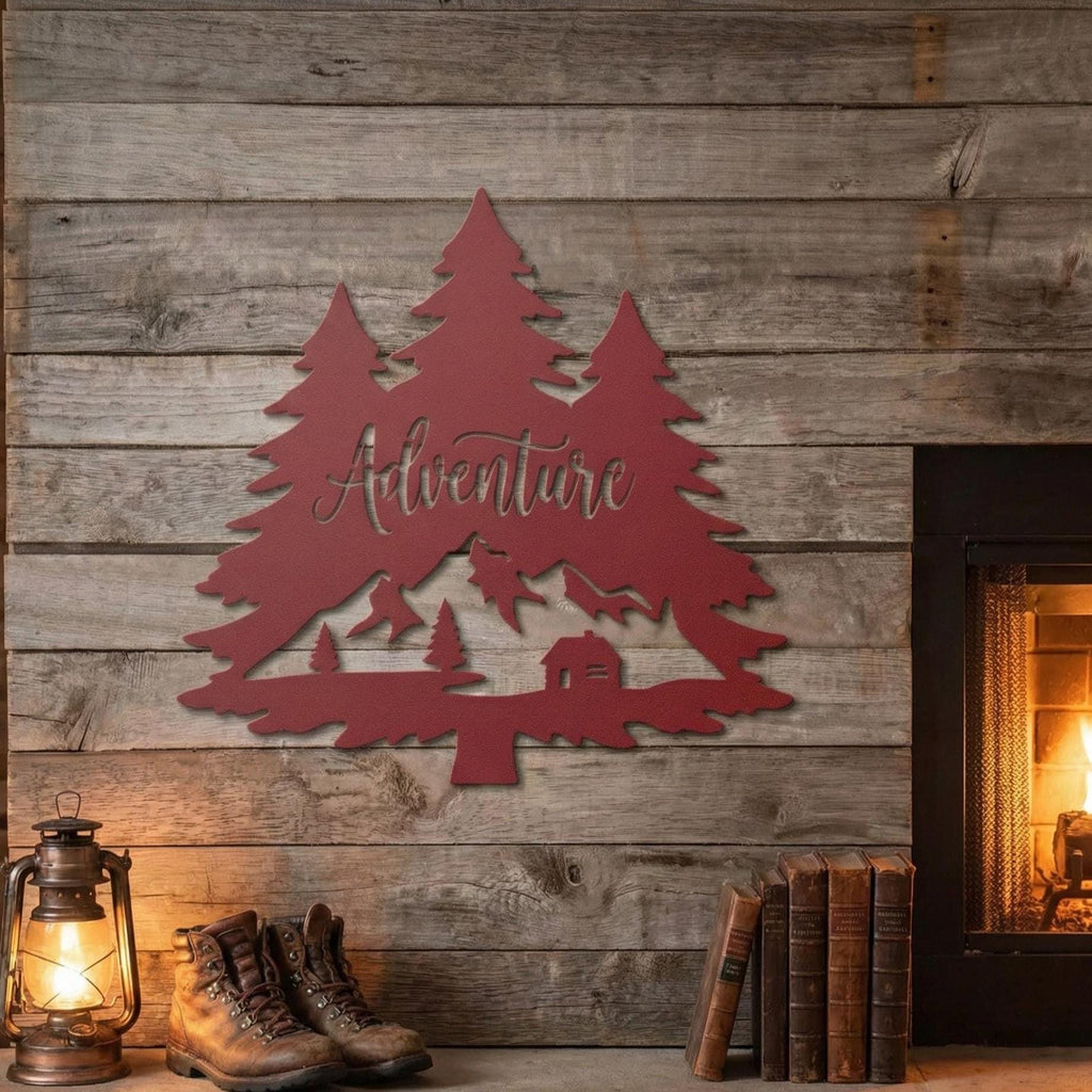 Adventure Metal Wall Sign | Mountain Cabin Decor | Rustic Lodge Welcome Sign | Outdoor Cabin Metal Wall Art
