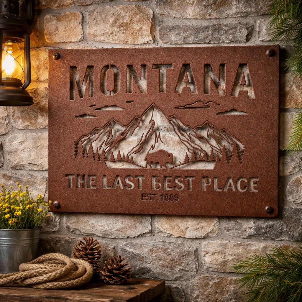 Montana Home Wall Art Metal Sign – Rustic Mountain Decor, Bison Wall Hanging, Cabin Lodge Decor, Western Wall Art, Montana Gift