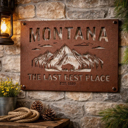 Montana Home Wall Art Metal Sign – Rustic Mountain Decor, Bison Wall Hanging, Cabin Lodge Decor, Western Wall Art, Montana Gift