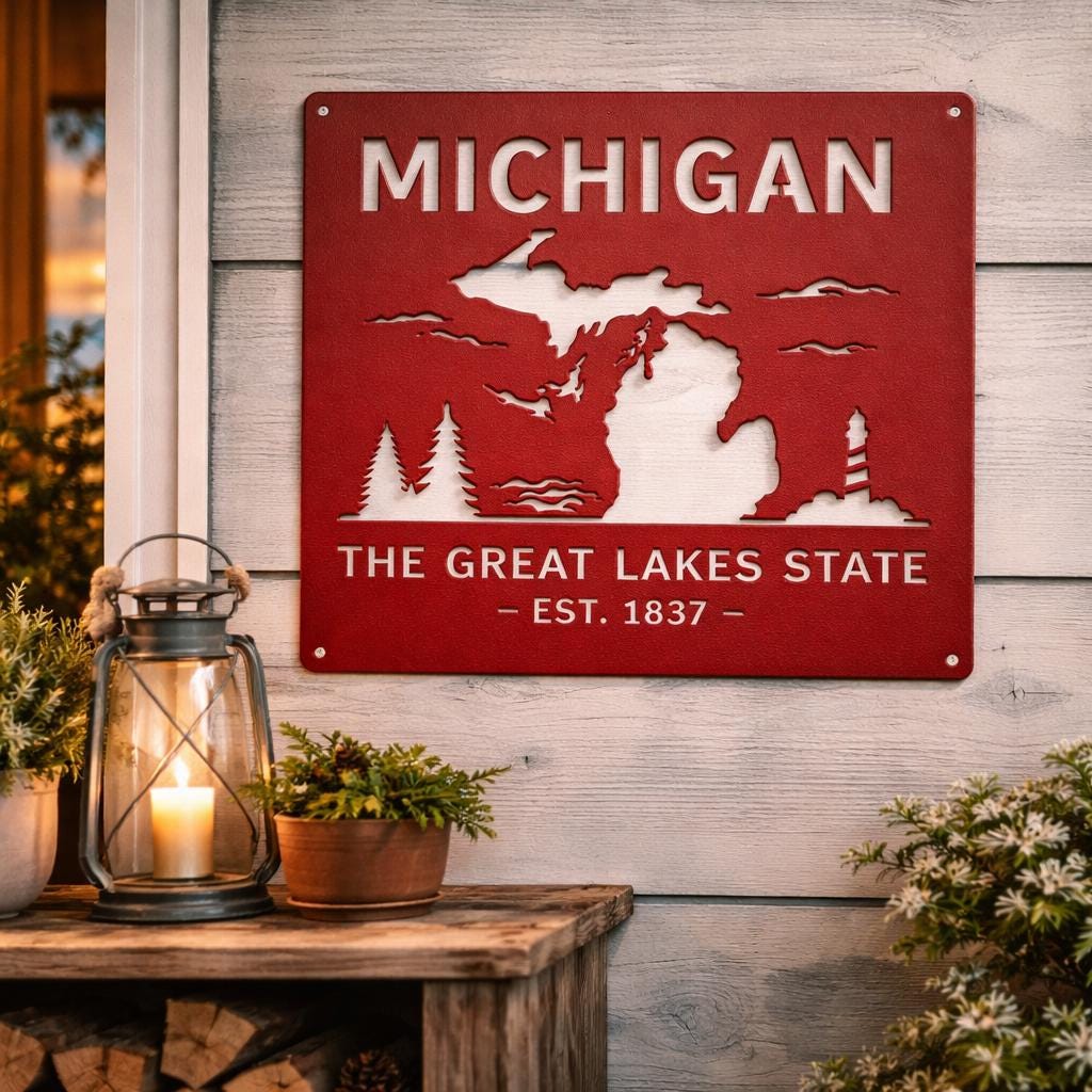Michigan Metal Wall Art – Rustic Great Lakes State Sign, Michigan Wall Decor, Cabin Metal Wall Art, Lake House Decor, Michigan Home Sign