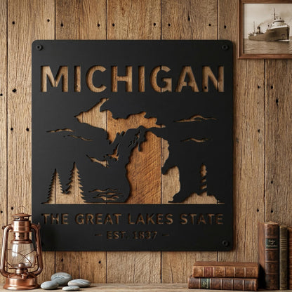 Michigan Metal Wall Art – Rustic Great Lakes State Sign, Michigan Wall Decor, Cabin Metal Wall Art, Lake House Decor, Michigan Home Sign