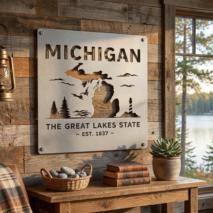 Michigan Metal Wall Art – Rustic Great Lakes State Sign, Michigan Wall Decor, Cabin Metal Wall Art, Lake House Decor, Michigan Home Sign