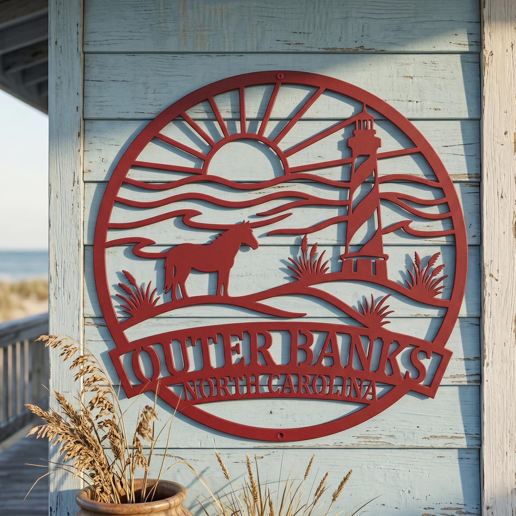 Outer Banks Wall Art | OBX Metal Sign | Coastal North Carolina Decor | Beach House Wall Art | Lighthouse Ocean Scene