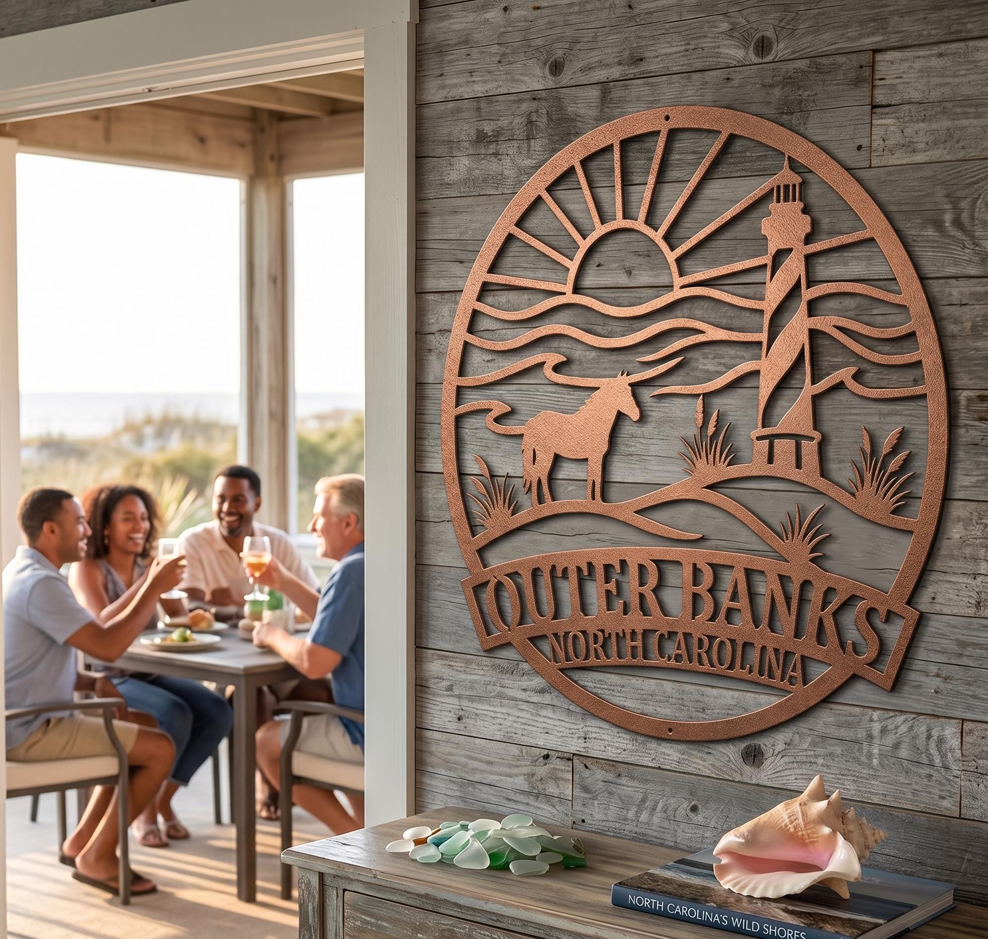 Outer Banks Wall Art | OBX Metal Sign | Coastal North Carolina Decor | Beach House Wall Art | Lighthouse Ocean Scene