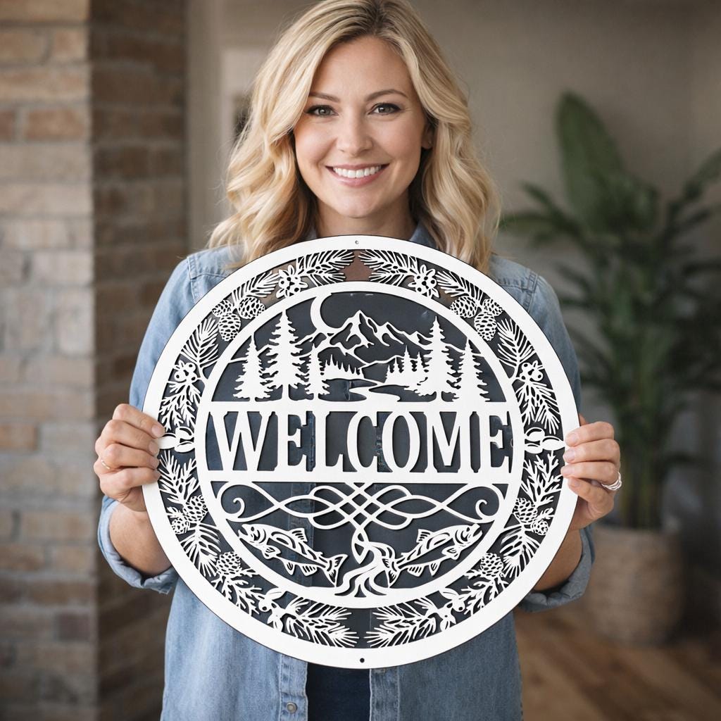 Cabin Welcome Sign Metal Wall Art, Rustic Welcome Sign, Lake House Decor, Mountain Wall Art, Fishing Decor, Outdoor Welcome Sign