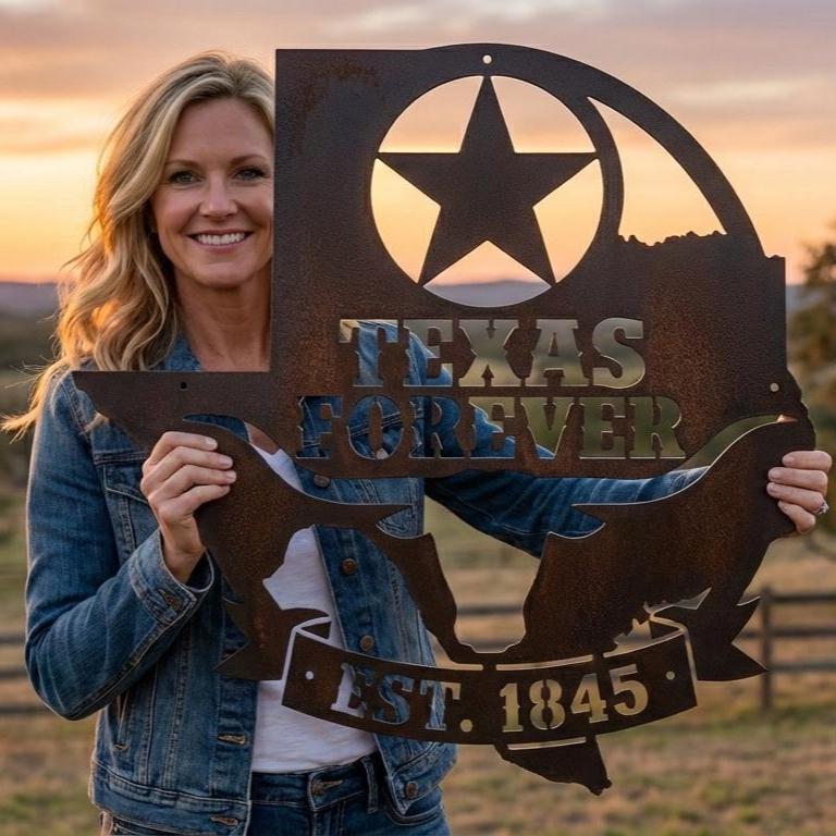Texas Forever Metal Wall Art Sign, Texas Star Longhorn Decor, Rustic Ranch Farmhouse Wall Hanging, Powder Coated Steel Indoor Outdoor Sign