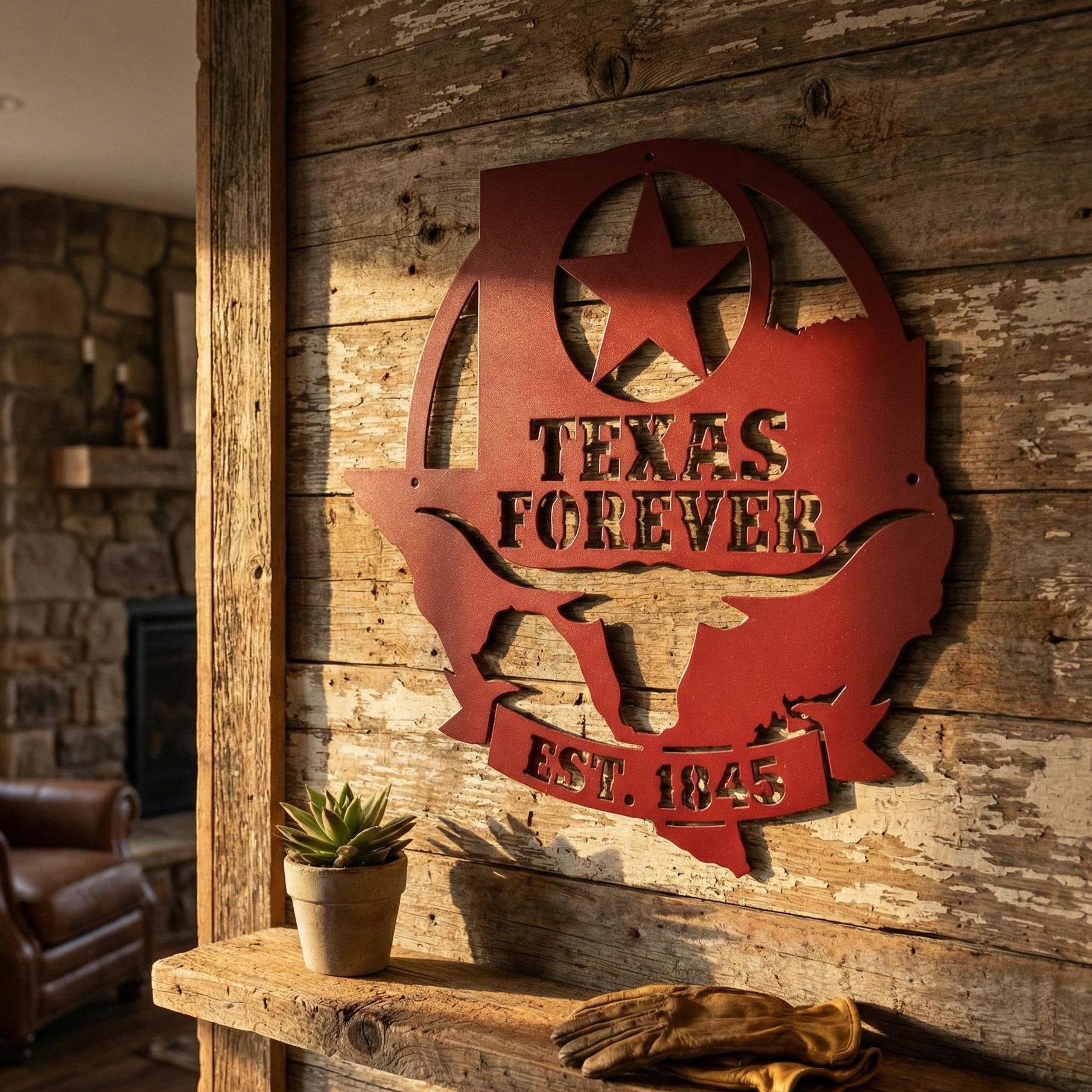 Texas Forever Metal Wall Art Sign, Texas Star Longhorn Decor, Rustic Ranch Farmhouse Wall Hanging, Powder Coated Steel Indoor Outdoor Sign
