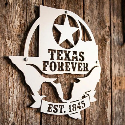 Texas Forever Metal Wall Art Sign, Texas Star Longhorn Decor, Rustic Ranch Farmhouse Wall Hanging, Powder Coated Steel Indoor Outdoor Sign