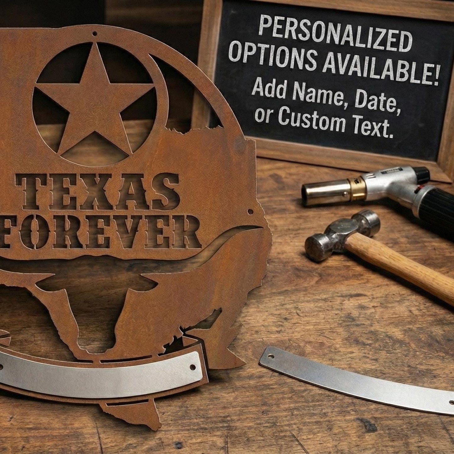 Texas Forever Metal Wall Art Sign, Texas Star Longhorn Decor, Rustic Ranch Farmhouse Wall Hanging, Powder Coated Steel Indoor Outdoor Sign
