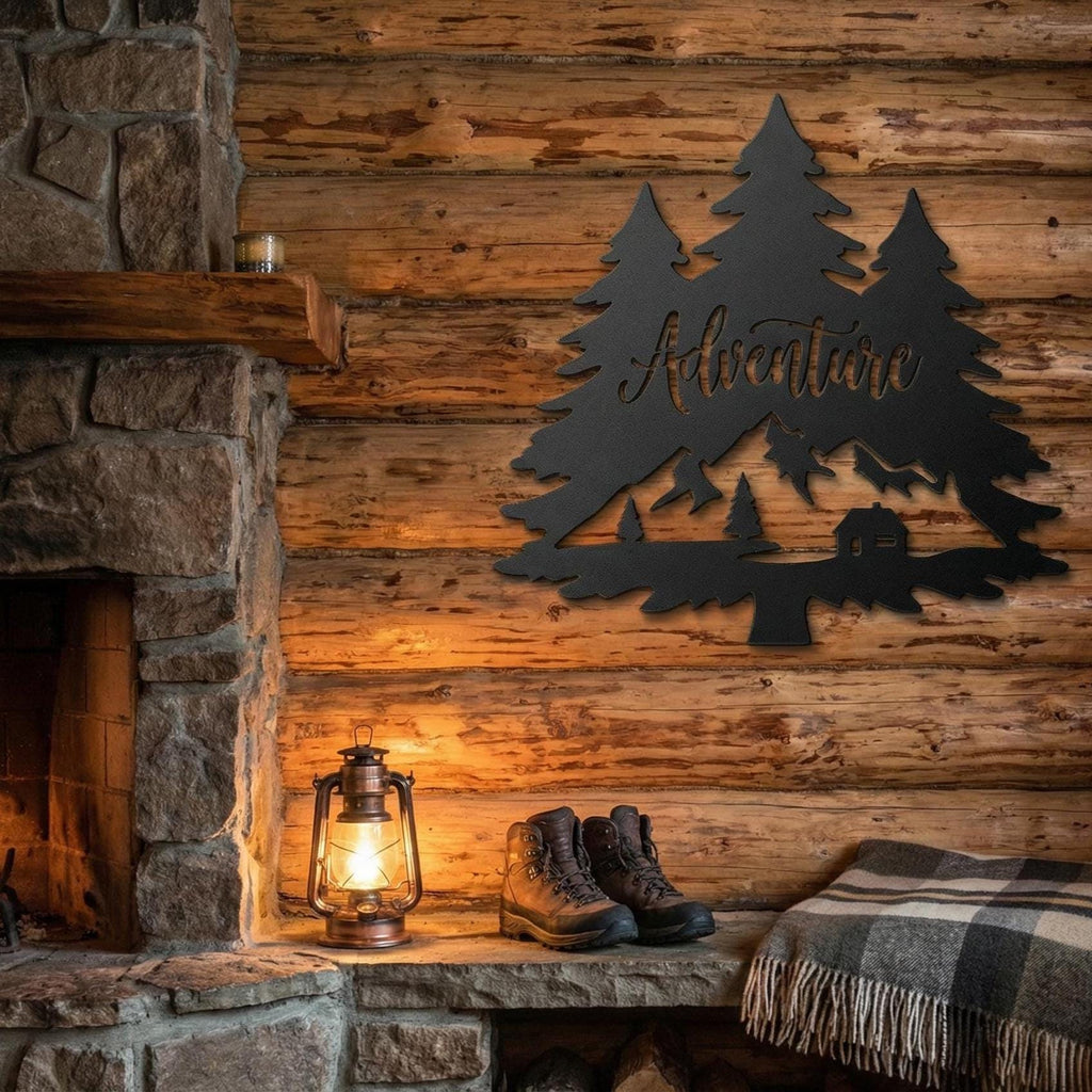 Adventure Metal Wall Sign | Mountain Cabin Decor | Rustic Lodge Welcome Sign | Outdoor Cabin Metal Wall Art