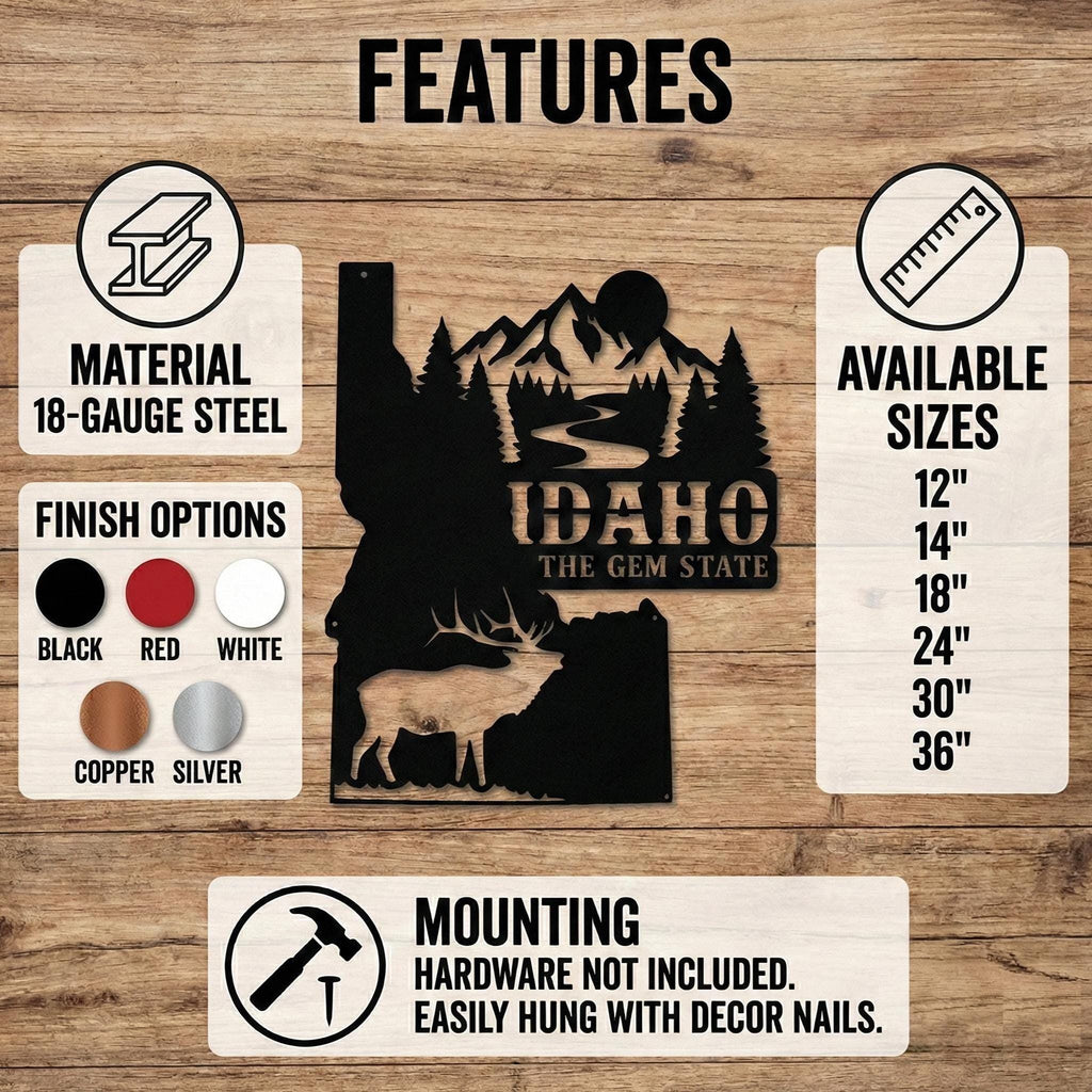 Idaho Metal Wall Art Sign  Rustic Gem State Decor, Die Cut Steel Idaho Sign, Cabin Farmhouse Lodge Wall Hanging
