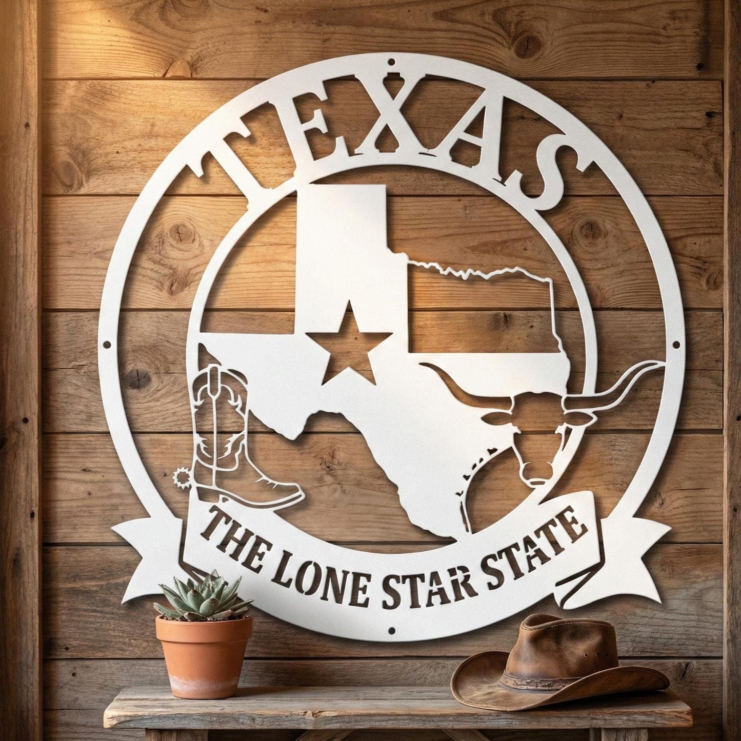 Texas Die Cut Metal Sign – Lone Star State Steel Wall Art – Rustic Western Ranch Decor – Texas Longhorn & Cowboy Boot