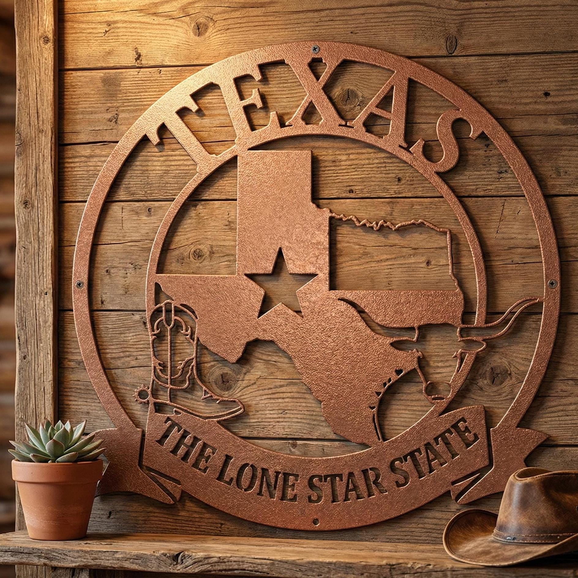 Texas Die Cut Metal Sign – Lone Star State Steel Wall Art – Rustic Western Ranch Decor – Texas Longhorn & Cowboy Boot