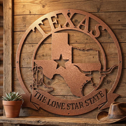 Texas Die Cut Metal Sign – Lone Star State Steel Wall Art – Rustic Western Ranch Decor – Texas Longhorn & Cowboy Boot