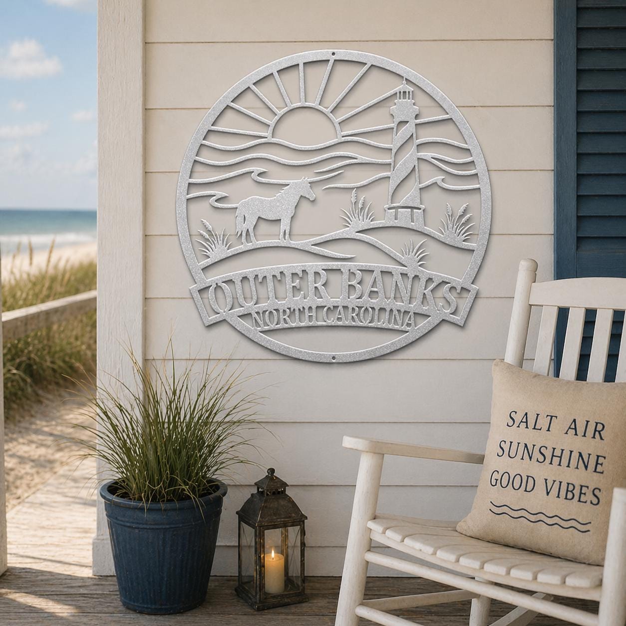 Outer Banks Wall Art | OBX Metal Sign | Coastal North Carolina Decor | Beach House Wall Art | Lighthouse Ocean Scene