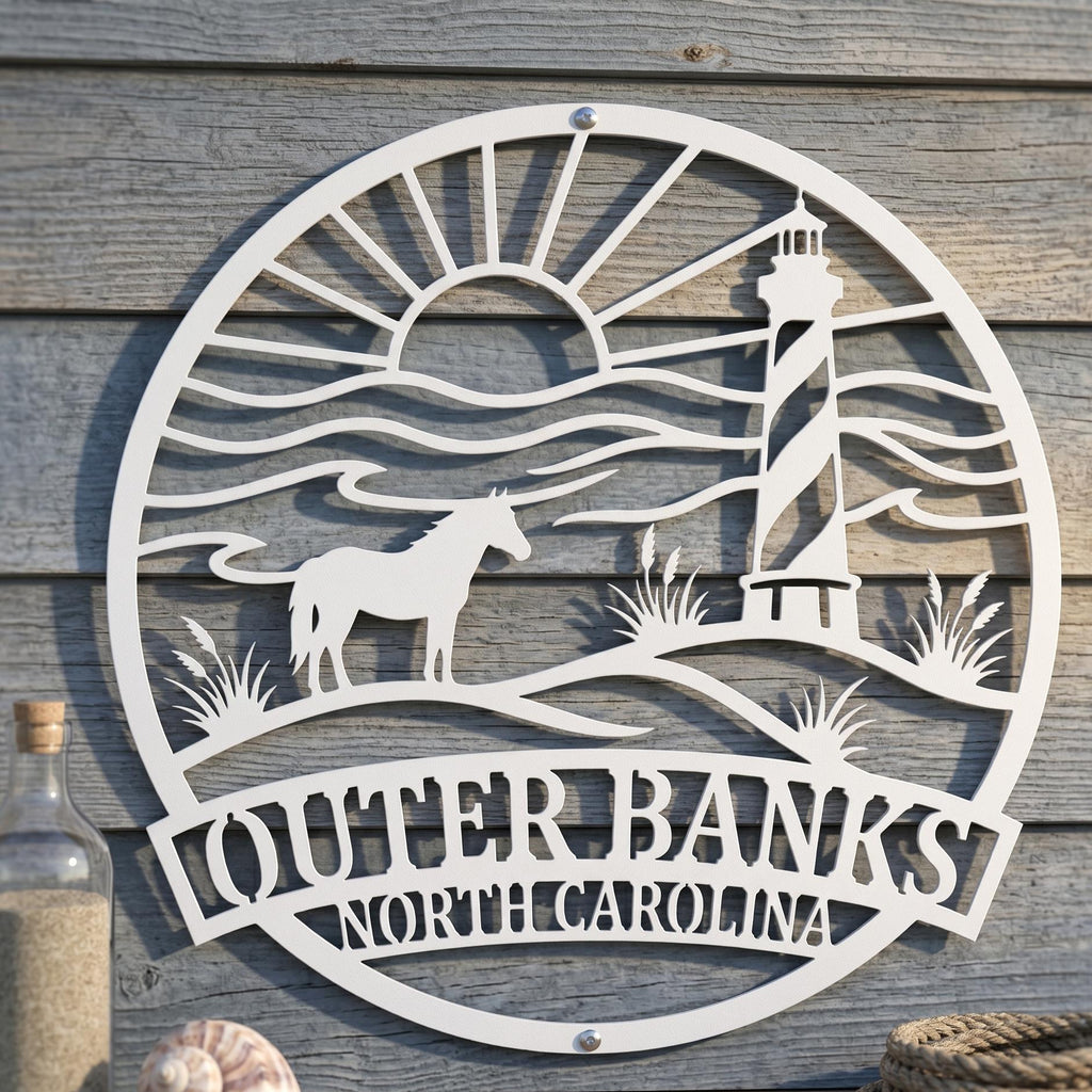 Outer Banks Wall Art | OBX Metal Sign | Coastal North Carolina Decor | Beach House Wall Art | Lighthouse Ocean Scene