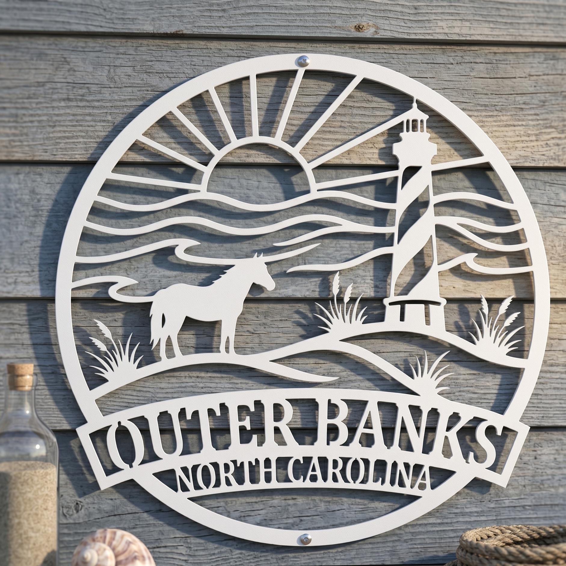 Outer Banks Wall Art | OBX Metal Sign | Coastal North Carolina Decor | Beach House Wall Art | Lighthouse Ocean Scene