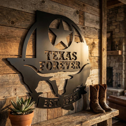 Texas Forever Metal Wall Art Sign, Texas Star Longhorn Decor, Rustic Ranch Farmhouse Wall Hanging, Powder Coated Steel Indoor Outdoor Sign