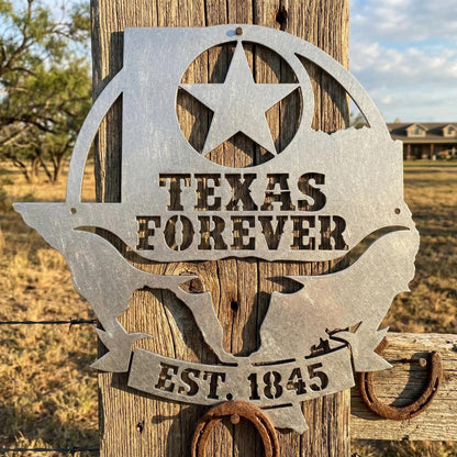 Texas Forever Metal Wall Art Sign, Texas Star Longhorn Decor, Rustic Ranch Farmhouse Wall Hanging, Powder Coated Steel Indoor Outdoor Sign