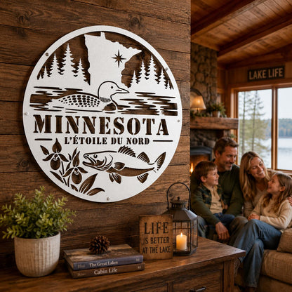Minnesota Metal Sign, Copper Die Cut Wall Art, Minnesota Cabin Decor, Lake House Wall Decor, Loon Walleye Northwoods Gift