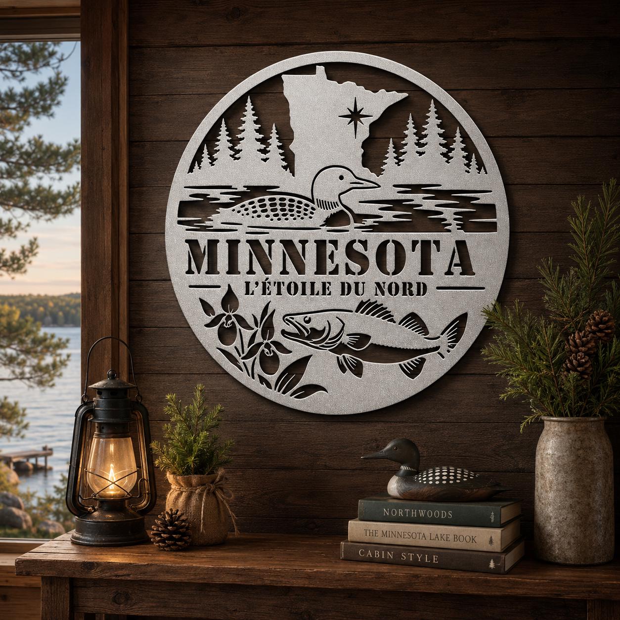 Minnesota Metal Sign, Copper Die Cut Wall Art, Minnesota Cabin Decor, Lake House Wall Decor, Loon Walleye Northwoods Gift