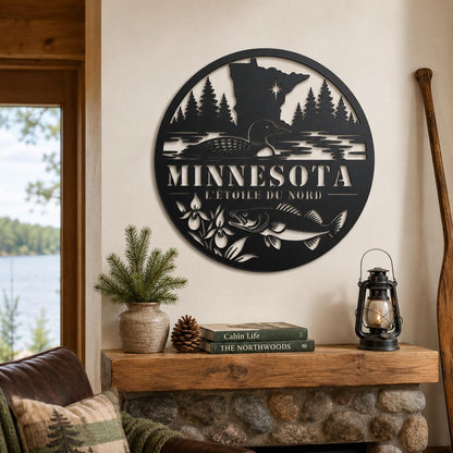 Minnesota Metal Sign, Copper Die Cut Wall Art, Minnesota Cabin Decor, Lake House Wall Decor, Loon Walleye Northwoods Gift