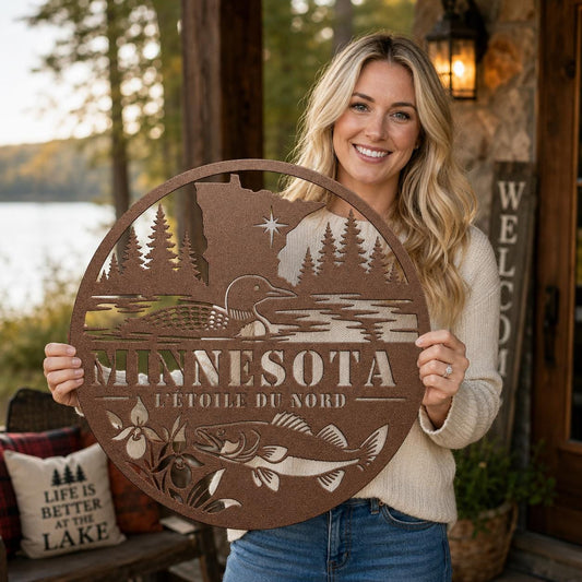 Minnesota Metal Sign, Copper Die Cut Wall Art, Minnesota Cabin Decor, Lake House Wall Decor, Loon Walleye Northwoods Gift