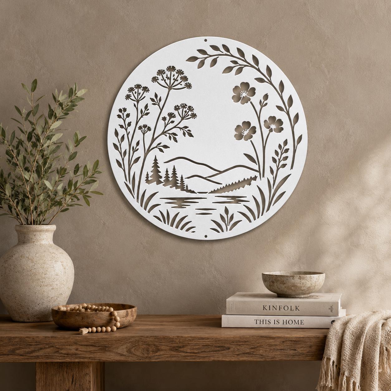 Botanical Metal Sign, Mountain Lake Wall Art, Wildflower Nature Decor, Rustic Round Hanging Plaque, Organic Cabin Entryway Gift