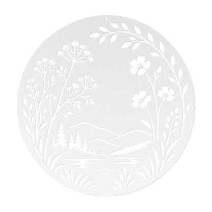 Botanical Metal Sign, Mountain Lake Wall Art, Wildflower Nature Decor, Rustic Round Hanging Plaque, Organic Cabin Entryway Gift