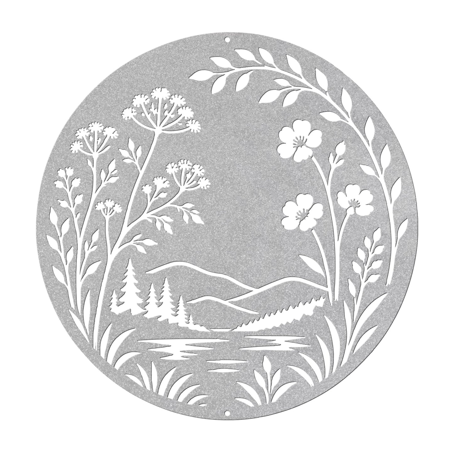 Botanical Metal Sign, Mountain Lake Wall Art, Wildflower Nature Decor, Rustic Round Hanging Plaque, Organic Cabin Entryway Gift